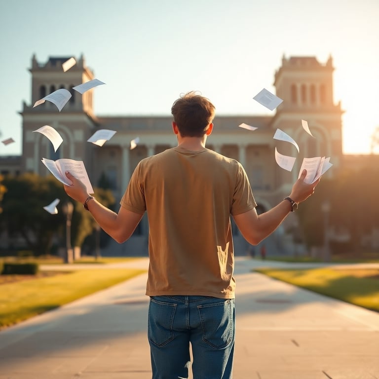 A student on campus holding transcript pages that scatter into the air.