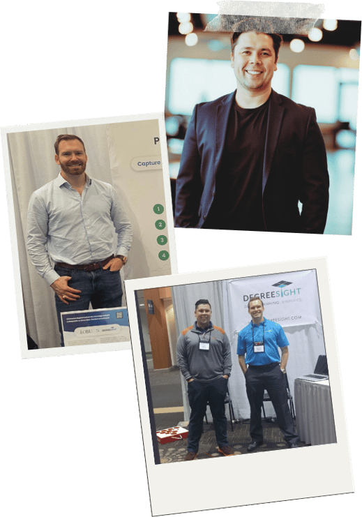 Photographs of the DegreeSight founders and team at campus events.