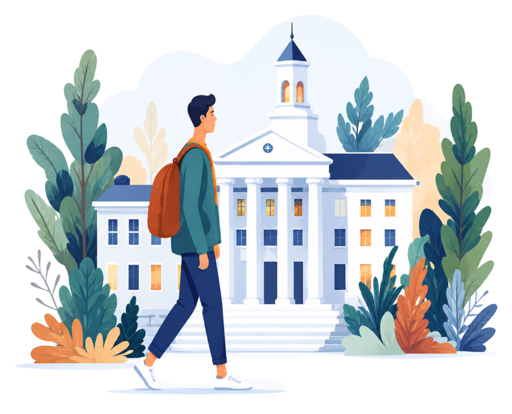A student walking toward a campus building